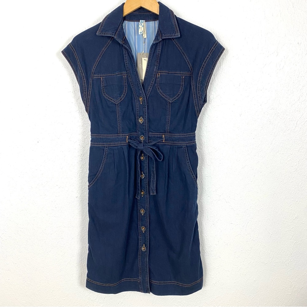 NWT Anthropologie Maeve Dark Denim Button Down Cap Sleeve Dress Size 4